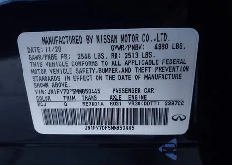 2021 Infiniti Q50 Red Sport 400 z USA, uszkodzony, nr VIN JN1FV7DP5MM850445